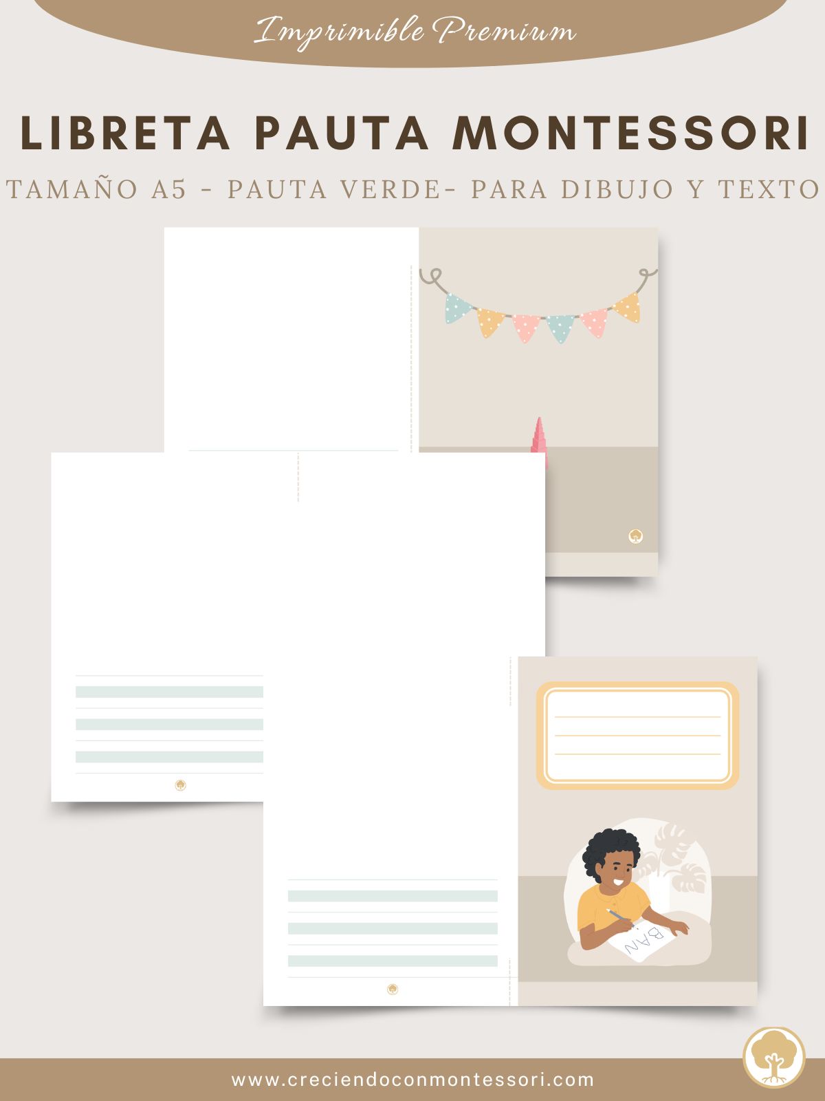 Libreta de Pauta Montessori – Tamaño A5 – Pauta Verde con Espacio para  Dibujo – Creciendo Con Montessori